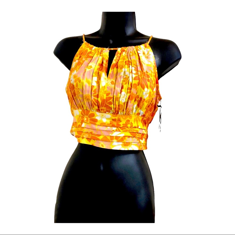 Orange multicolor shirred cutout bust tiered hem cropped halter top‎ size XS new